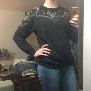 Black sweater with beaded paisley print